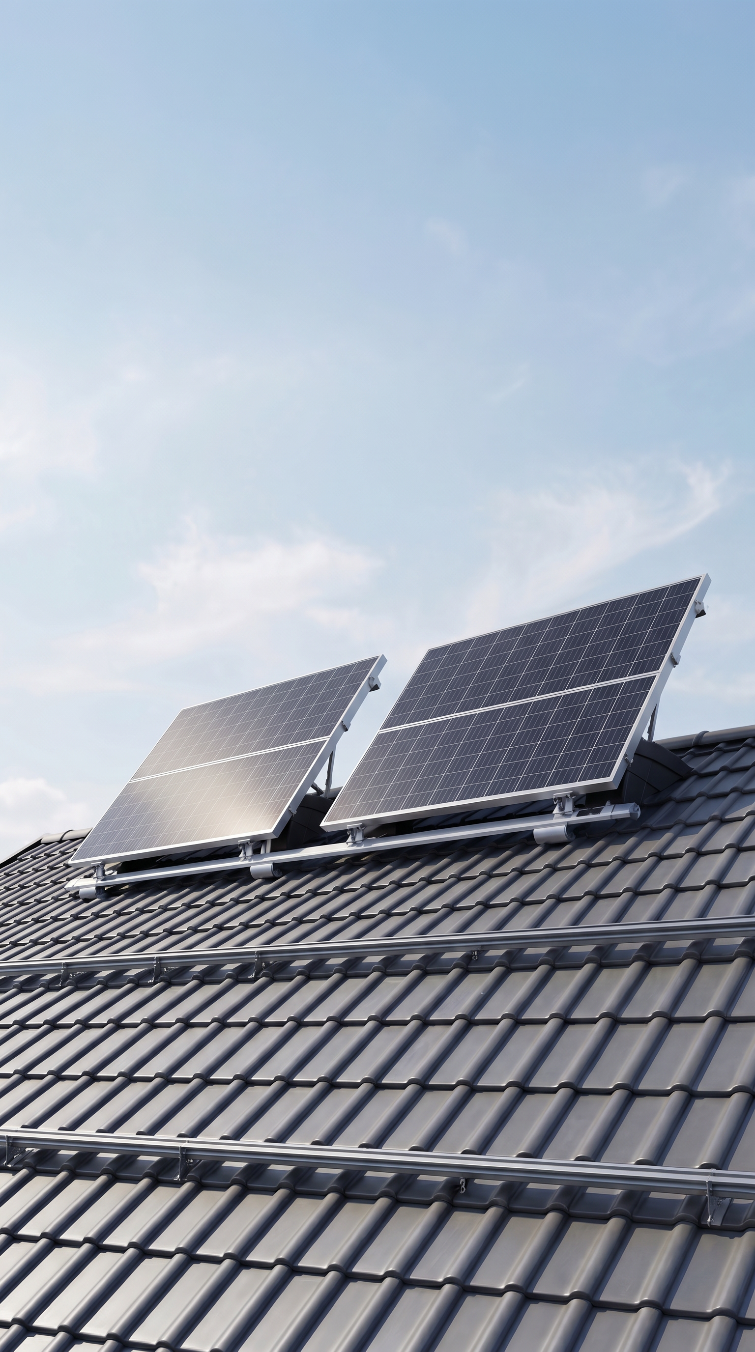 Close-up of solar panels under a clear blue sky