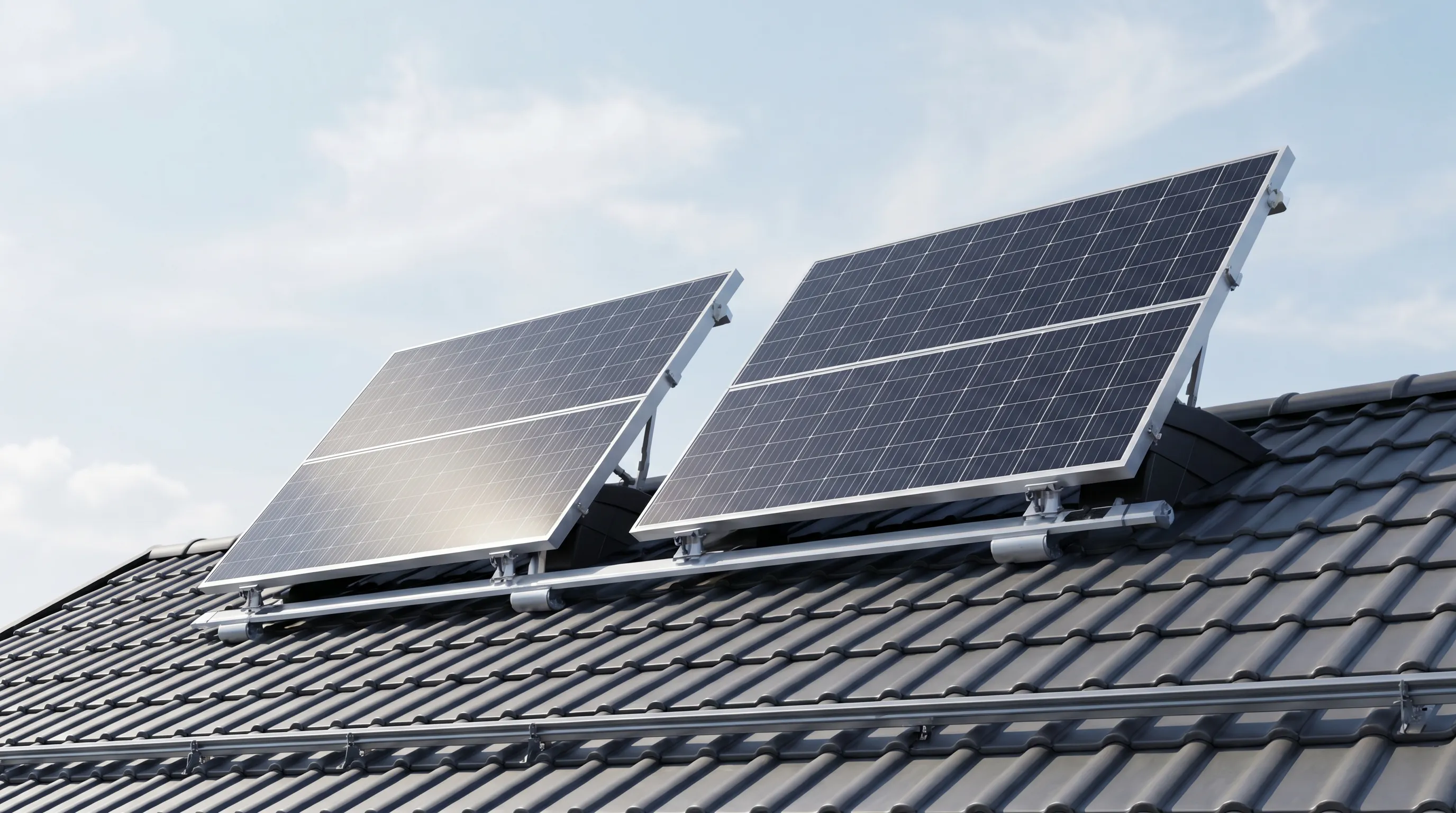 Close-up of solar panels under a clear blue sky